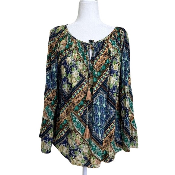 Johnny Was JADE Miza Patchwork Blouse Peasant Boho Top Long Sleeve Tassel Size S - Picture 2 of 8